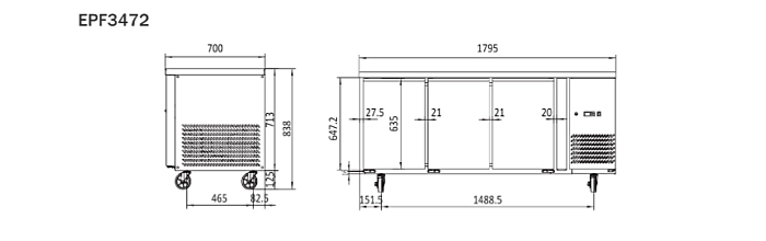UNDERBENCH THREE DOOR FREEZER TABLE 1795 MM EPF3472