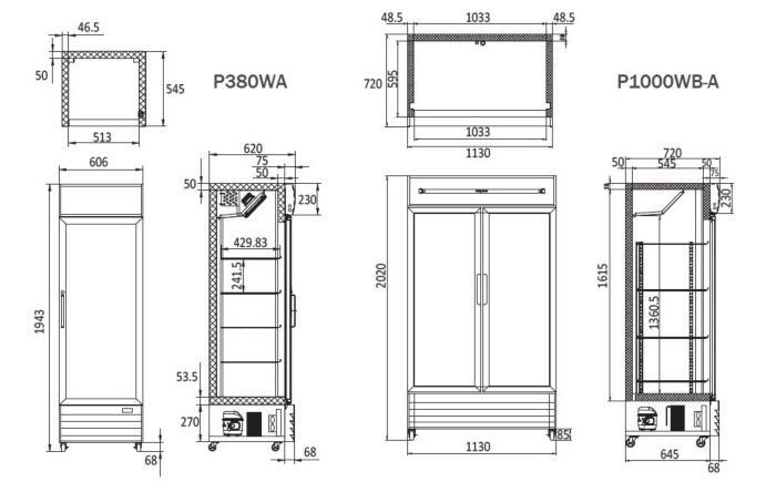 DOUBLE GLASS DOOR MOUNTED FRIDGE P1000WB-A