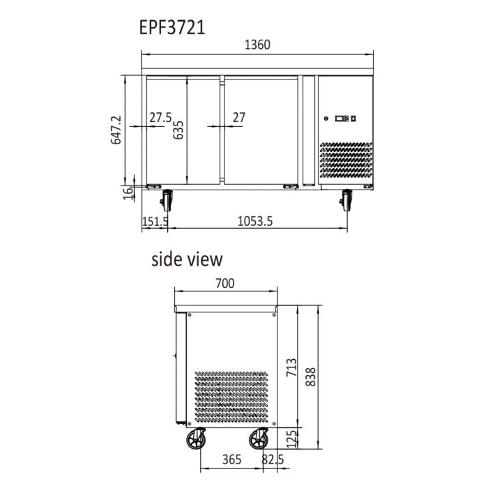 玻璃 2 门冷藏冰箱桌 1360 毫米 EPF3721
