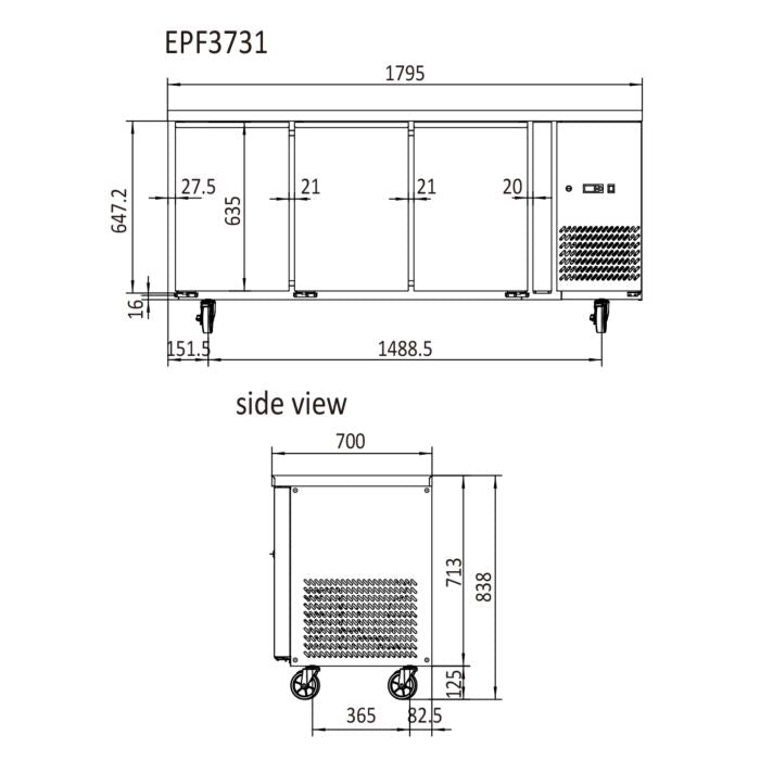 玻璃三门冷藏冰箱桌 1795 毫米 EPF3731
