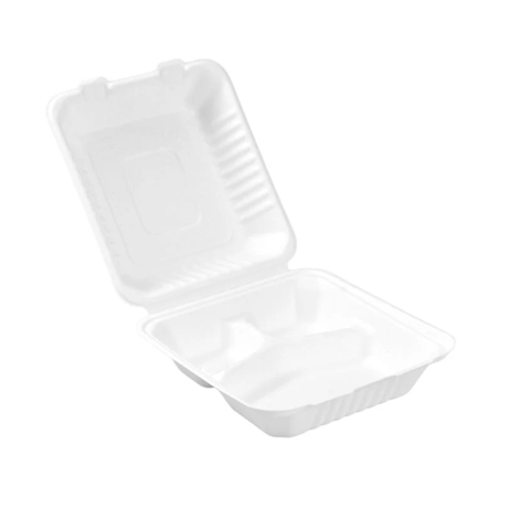 PakMax 8" Sugarcane Clamshell 3-Compartment (CS-883) — Carton of 200